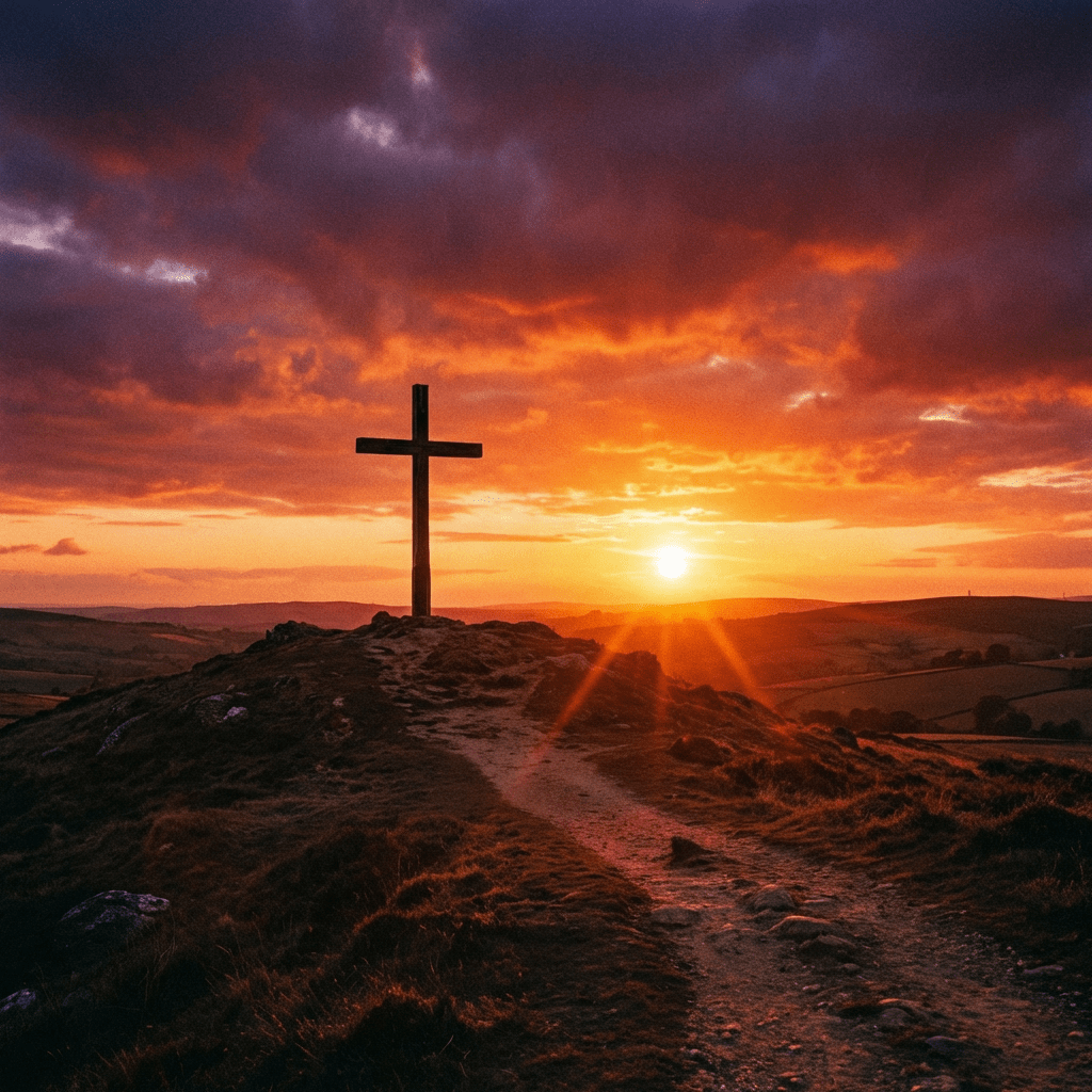 A large wooden cross stands on a rocky hilltop against a dramatic sunset sky.